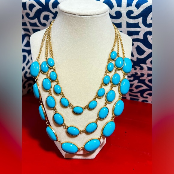 Bold Turquoise Multi-Strand Statement Bib Necklace – Gold Tone Oval Cabochons - Picture 2 of 6